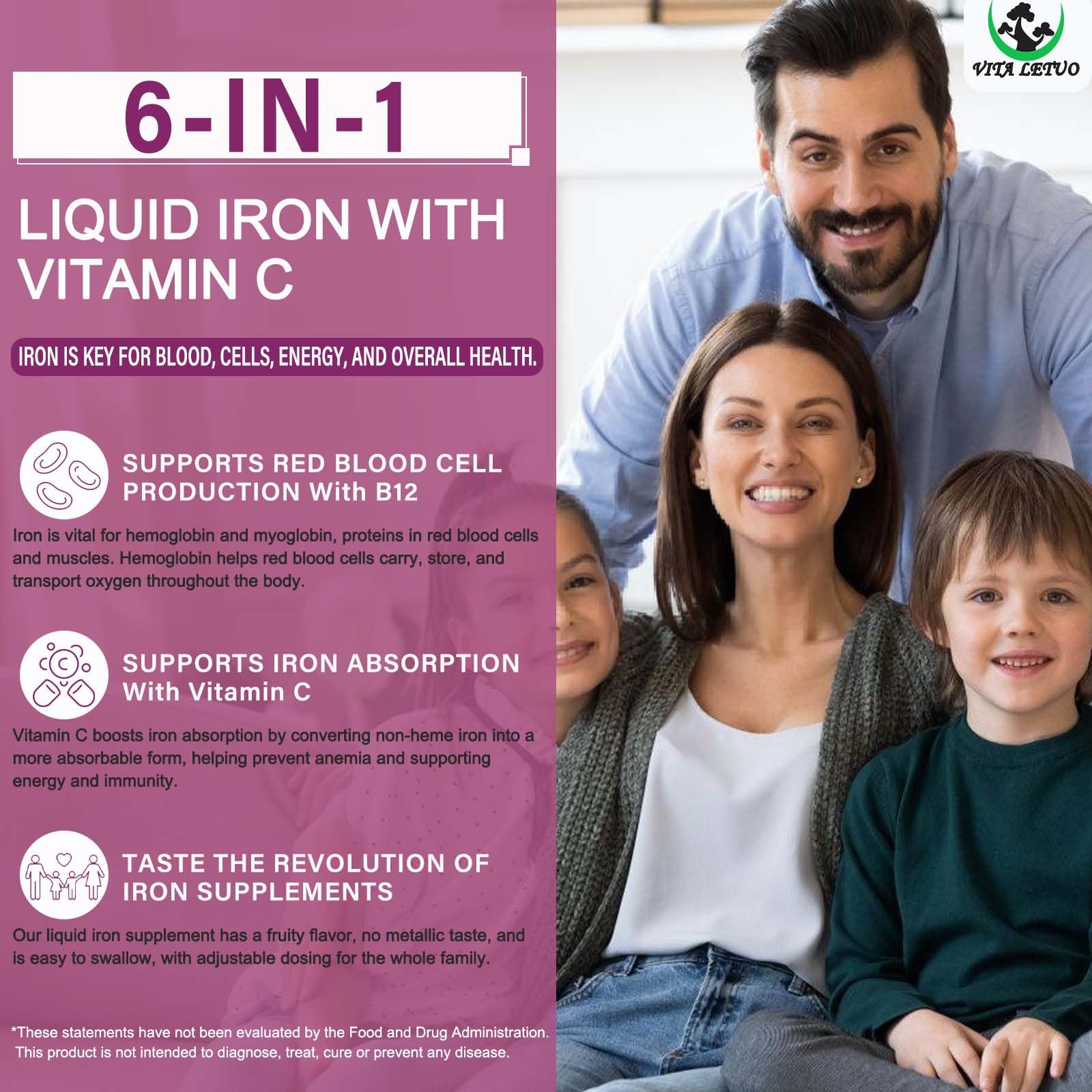 Vita letuo Iron Supplement for Women with Vitamin C,6-in-1 Liquid Supplement w/Vitamin B12,Vitamin B6,High Absorption Liquid Iron Drops for Red Blood Cells