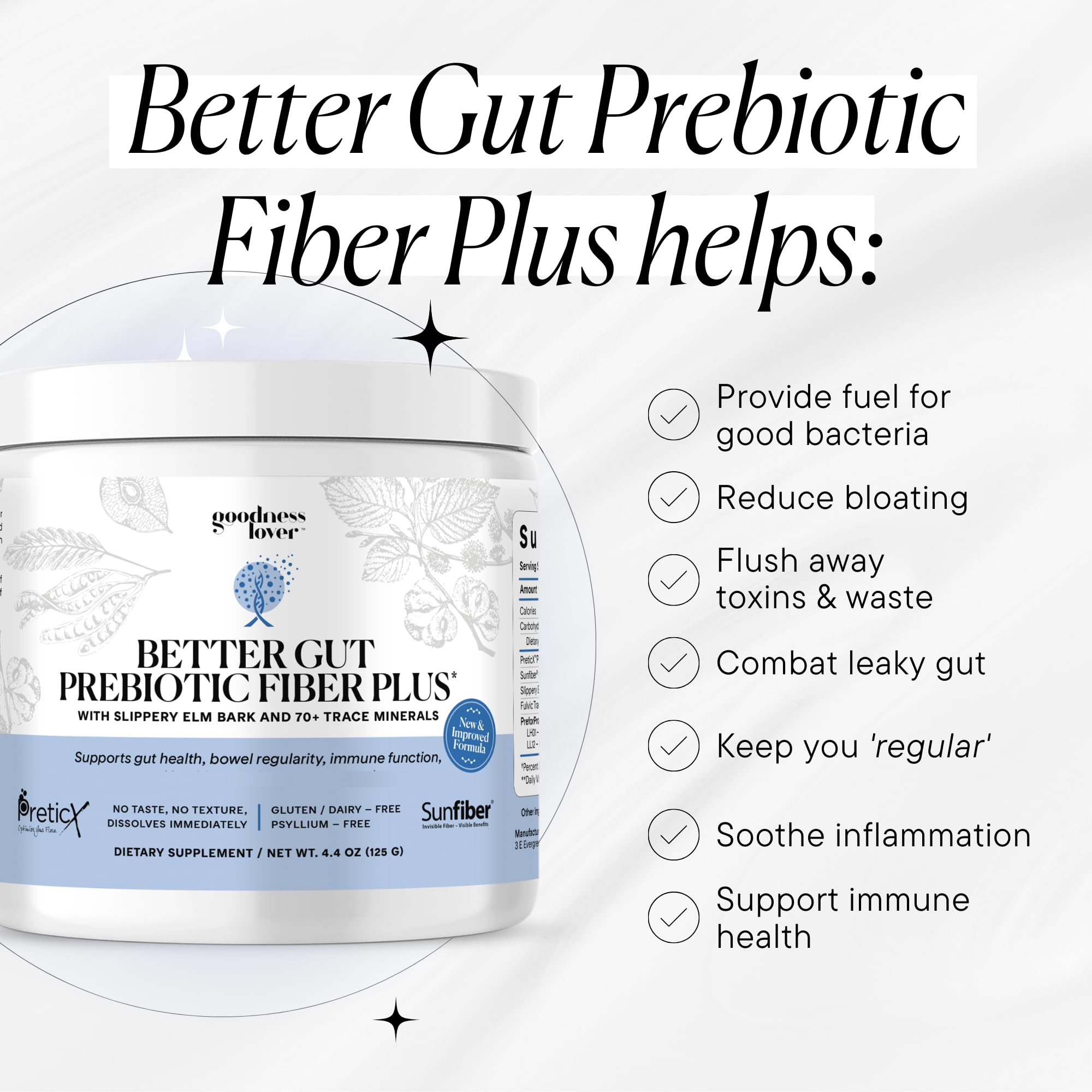 Goodness Lover Better Gut Prebiotic Fiber Plus, Digestive Health Supplement for Gut Health Support, Bloat Relief & Regularity Support, 30 Servings