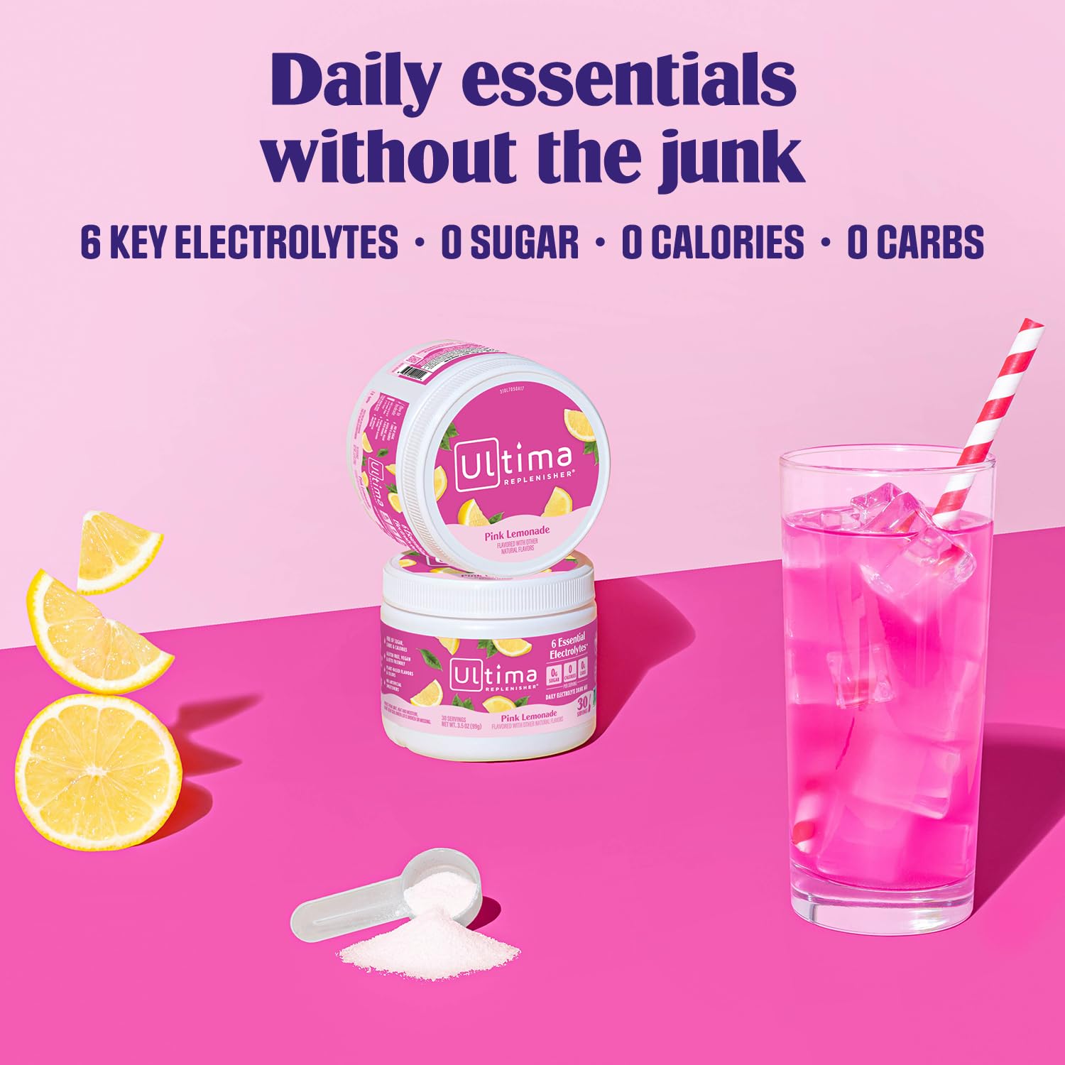 Ultima Replenisher Daily Electrolyte Powder Drink Mix – Pink Lemonade, 30 Servings Canister – Zero Sugar Hydration Powder with 6 Electrolytes & Minerals