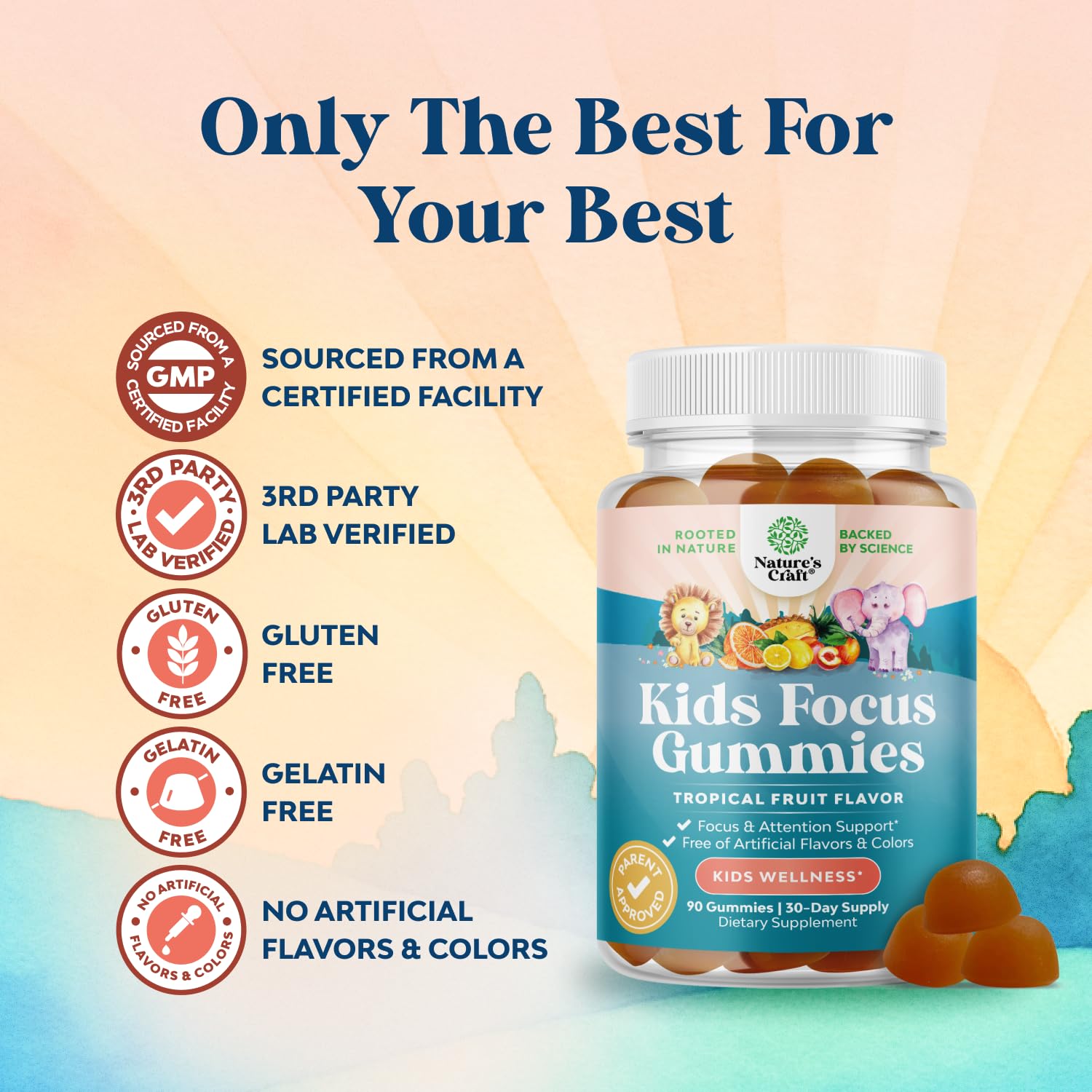 Kids Focus Gummies - Nootropics Brain Support Supplement for Kids with Green Tea Extract, B6 & B12 Vitamins for Memory and Brain Focus - Herbal Concentration Chews for Children - 90 Count Natures Craft Au supplements