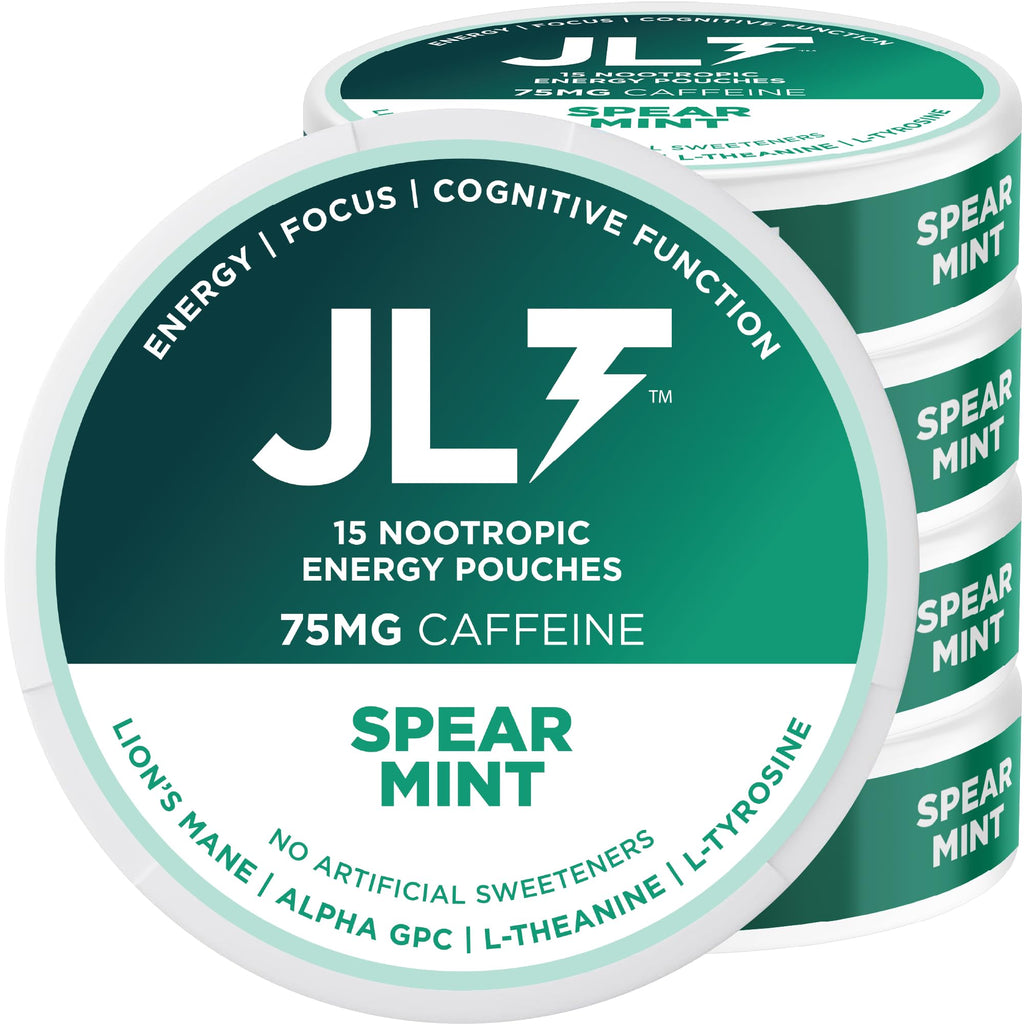 JLT 75 mg Caffeine Nootropic Pouches | Nootropic Energy Pouches with 75mg Caffeine, Lion's Mane, Alpha GPC, L-Tyrosine & L-Theanine with no Artificial Sweeteners | 15 Pouches Per Can JLT Energy Au supplements
