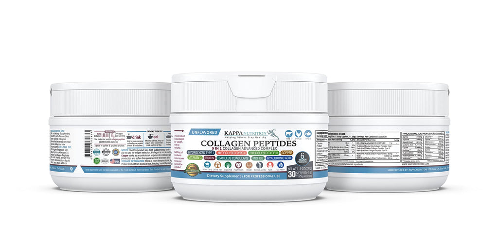 KAPPA NUTRITION Collagen Type I, II, III, 6 Billion Probiotic Acid Resistance, Hyaluronic Acid, Vitamin C, Biotin, Copper and MCT Oil, Beautiful Hair, Nails, & Skin, Collagen Peptides 9 in 1 (11.9oz) KAPPA NUTRITION Au supplements