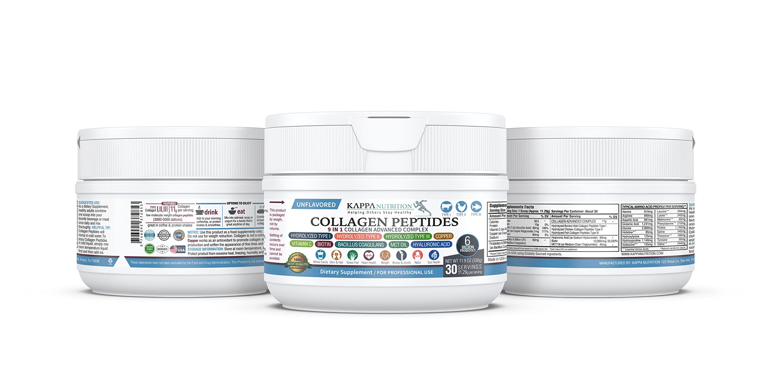 KAPPA NUTRITION Collagen Type I, II, III, 6 Billion Probiotic Acid Resistance, Hyaluronic Acid, Vitamin C, Biotin, Copper and MCT Oil, Beautiful Hair, Nails, & Skin, Collagen Peptides 9 in 1 (11.9oz) KAPPA NUTRITION Au supplements