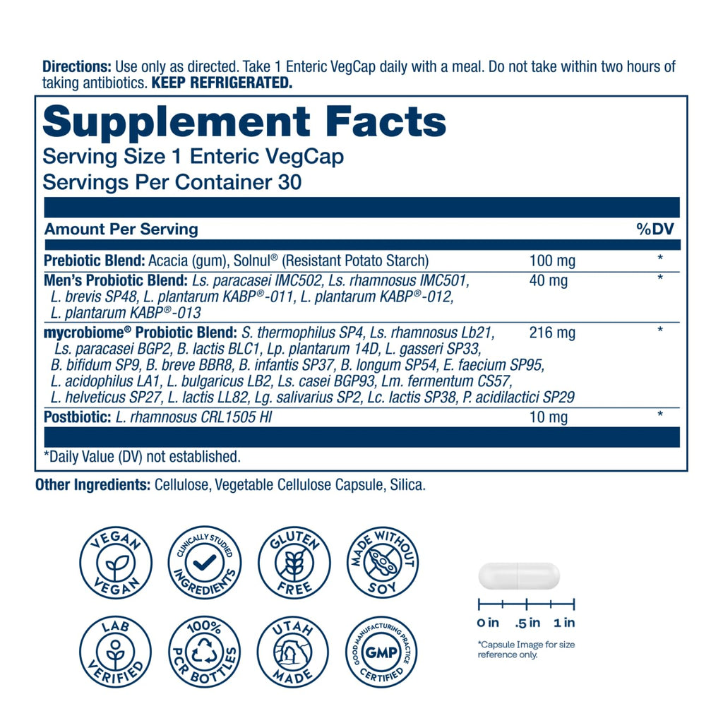 SOLARAY Mycrobiome Complete Probiotic Men's Formula - Pre and Probiotics for Men Plus Postbiotic - Digestive Health and Immune Support - 50 Billion CFU, 26 Strains - Vegan - 30 Servings, 30 VegCaps SOLARAY Au supplements