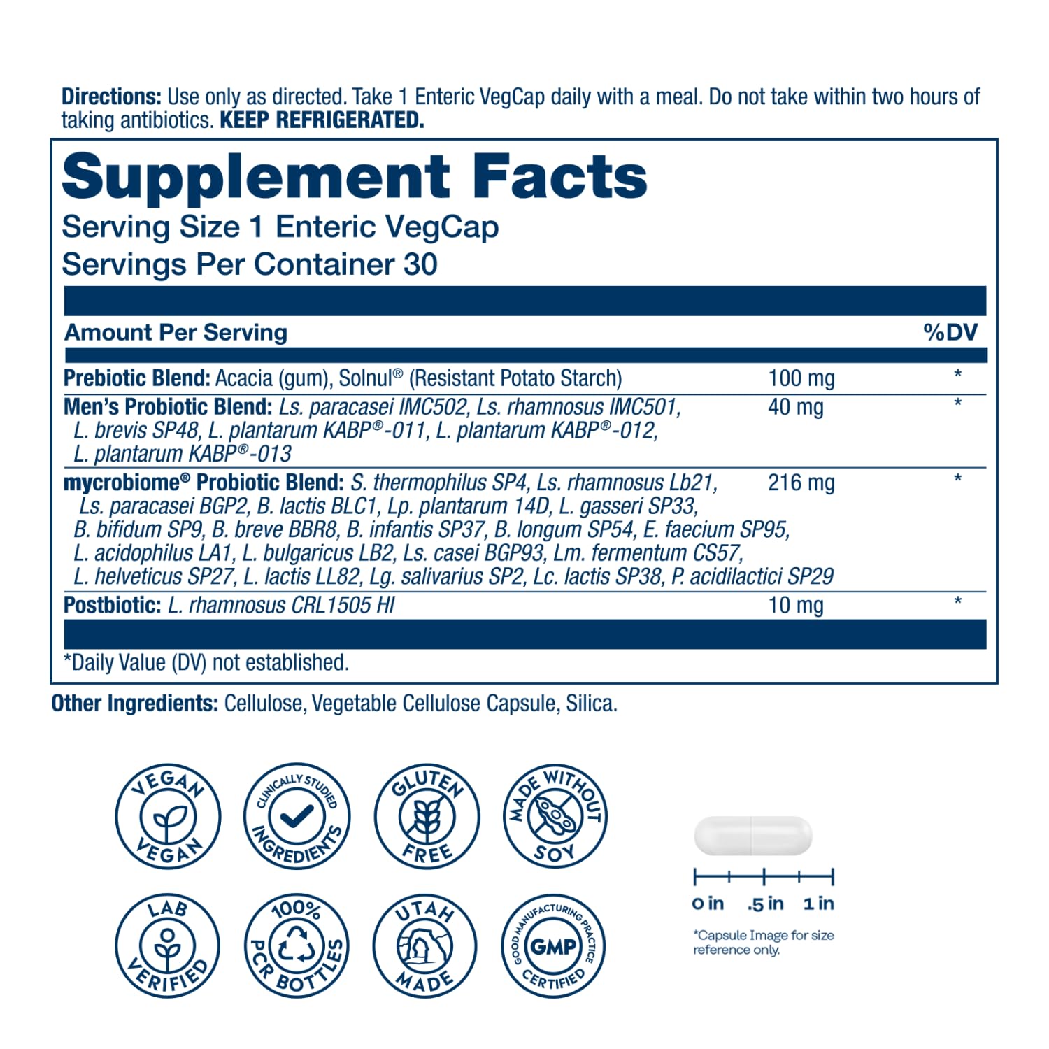 SOLARAY Mycrobiome Complete Probiotic Men's Formula - Pre and Probiotics for Men Plus Postbiotic - Digestive Health and Immune Support - 50 Billion CFU, 26 Strains - Vegan - 30 Servings, 30 VegCaps SOLARAY Au supplements