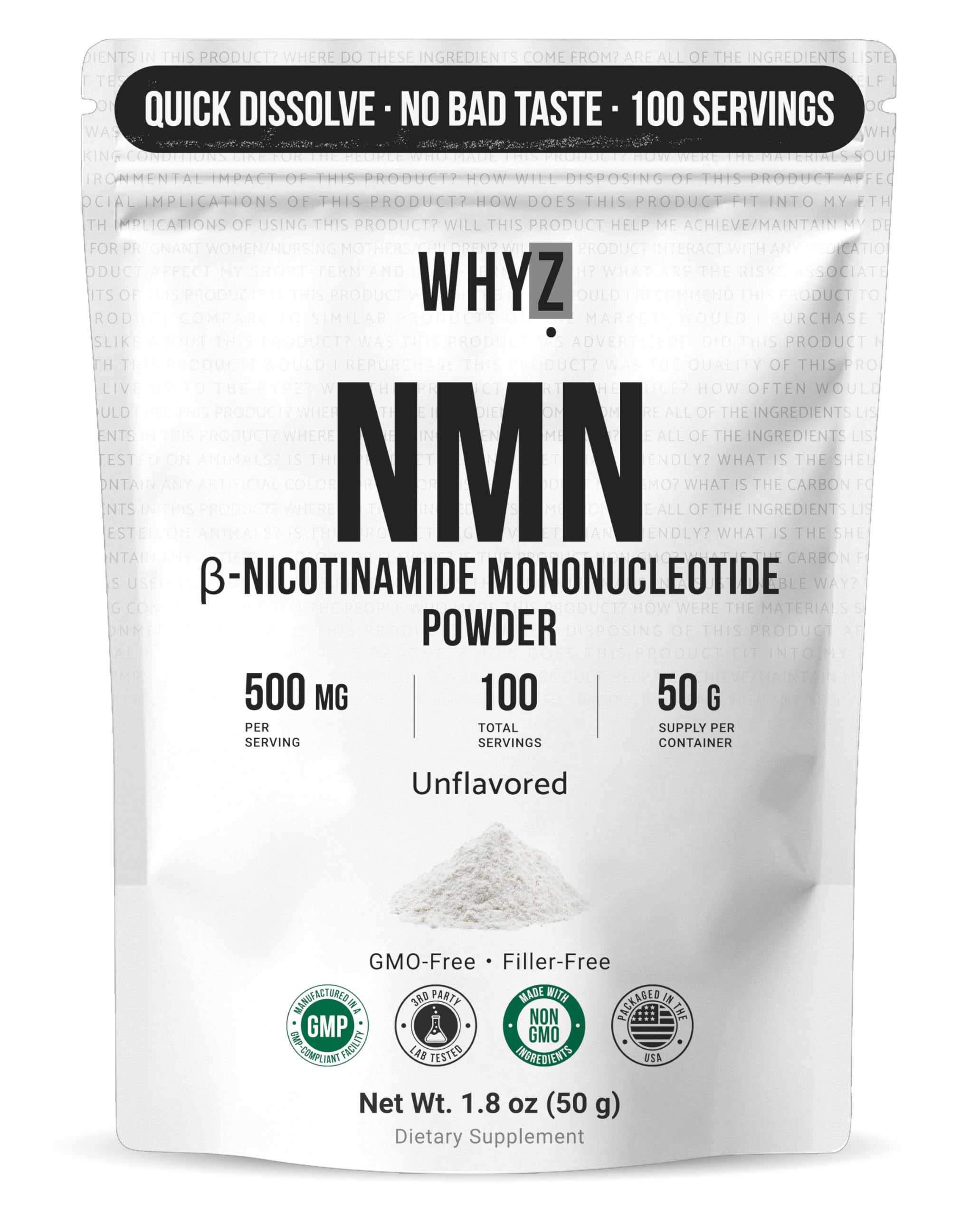 Pure NMN Powder Nicotinamide Mononucleotide Quick Dissolved NMN Supplement Powder 100% Unflavored NMN Supplement Supports NAD+ Levels Vegan Friendly Non-GMO, 50g WHYZ Au supplements