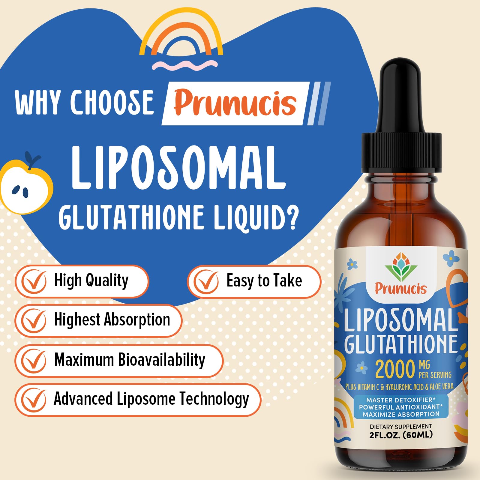 Prunucis 2000MG Liposomal Glutathione Liquid, 98% Absorption, Active Form L-Glutathione Supplement,