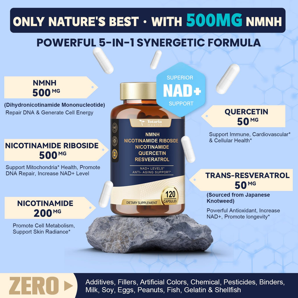 Totaria NMNH 500mg (Dihydronicotinamide Mononucleotide), Premium NMN Alternative Supplement w/Niacinamide (Vitamin B3), Quercetin, Trans-Resveratrol, for NAD+, Skin Cell, Anti-Aging & Energy, 120 Ct Totaria Au supplements