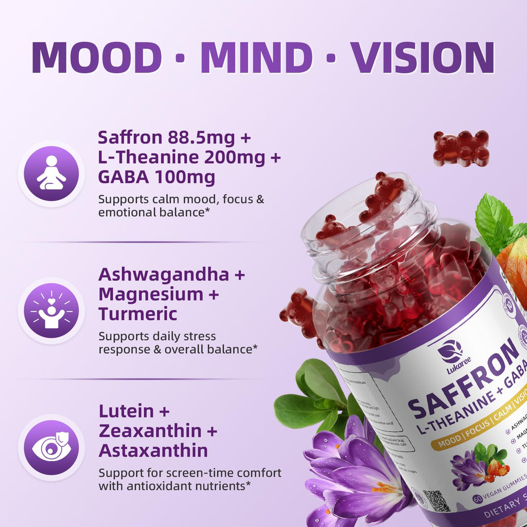 10-in-1 Saffron Supplements Gummies - Saffron Extract 88.5 mg with L-Theanine, GABA, Ashwagandha, Turmeric,Magnesium – Mood, Focus, Vision Support & Cortisol Balance, Sugar Free, Vegan, 60 Counts Lukaree Au supplements