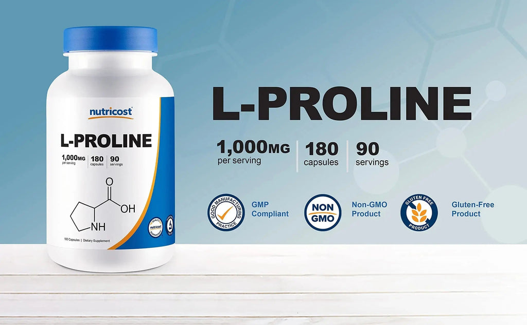 Nutricost L-Proline 1000mg, 180 Capsules (90 Servings) - 500mg Per Cap, Non-GMO, Gluten Free Nutricost Au supplements
