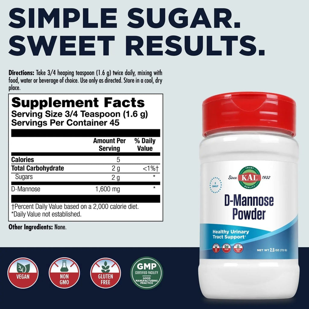KAL D Mannose Powder 1600 mg, Easy-to-Mix, Fast-Dissolving D-Mannose - Urinary Tract Health and Bladder Support - Unflavored Powder, Non-GMO, Vegan, Gluten Free, 60-Day Guarantee, 45 Servings, 2.5oz KAL Au supplements