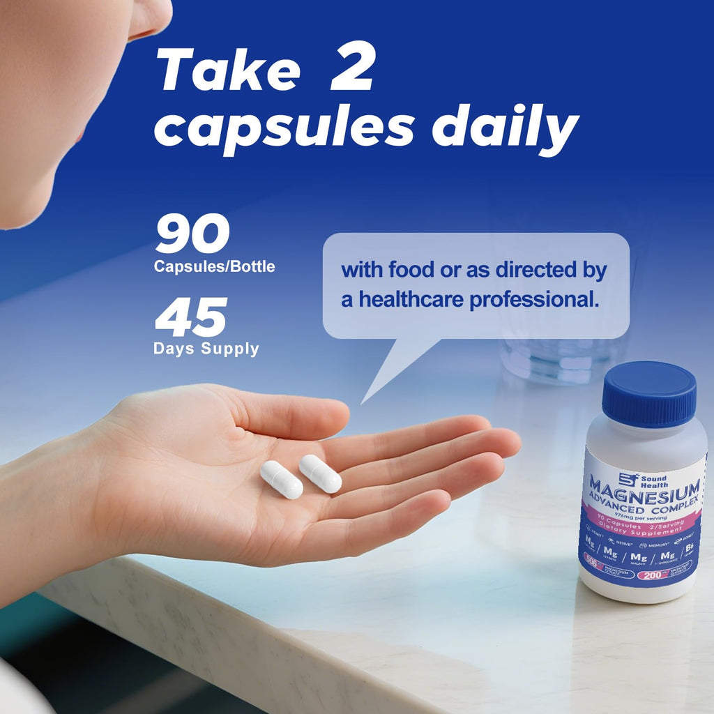 5 in 1 Magnesium Complex Capsule 976mg wtih Magnesium Glycinate, Citrate, Malate, L-Threonate & Vitamin B6, High Absorption Magnesium Complex for Women & Men, Third-Party Tested, Vegan, Non-GMO Sound Health Plus Au supplements