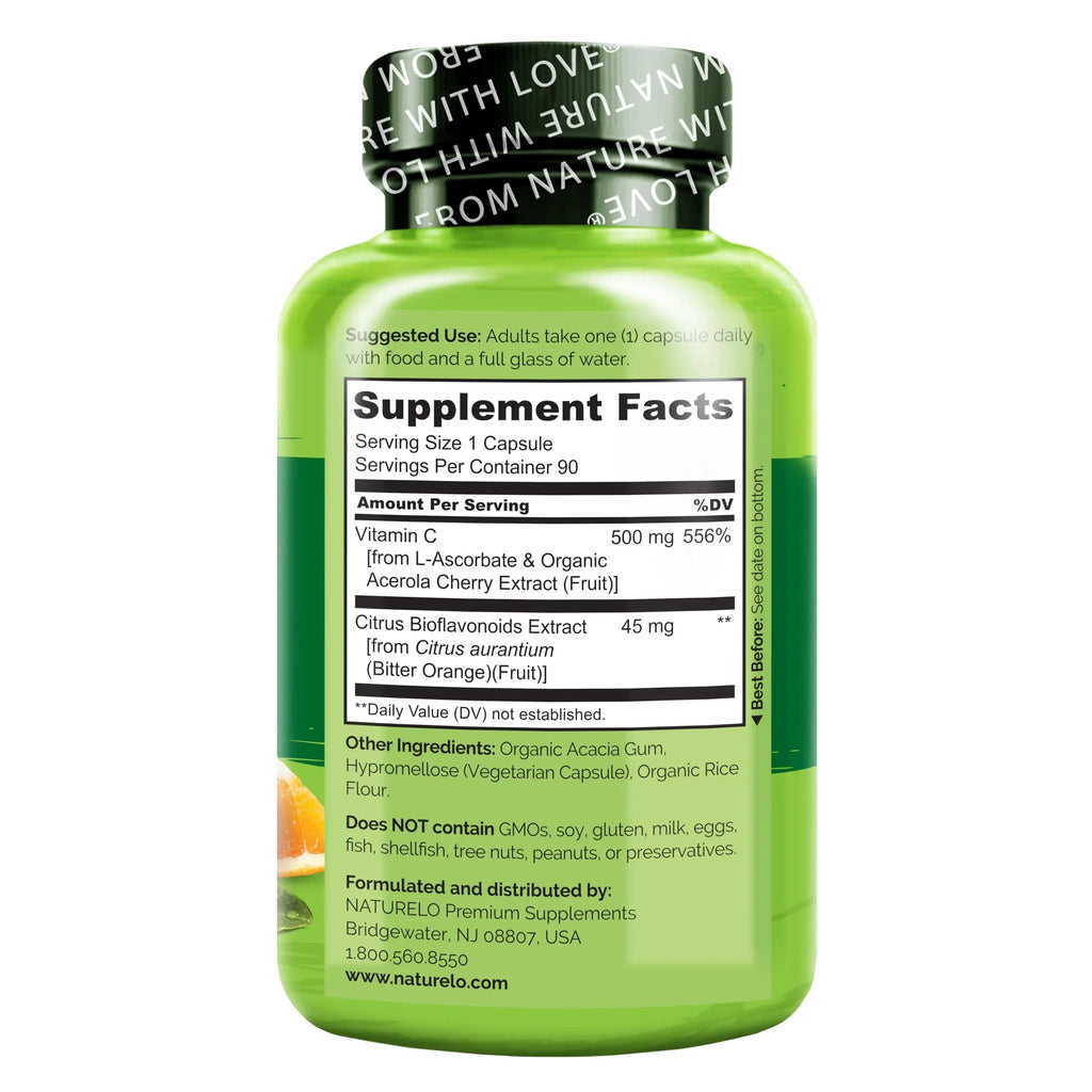 NATURELO Vitamin C with Organic Acerola Cherry Extract and Citrus Bioflavonoids - Vegan Supplement - Immune Support - 500 mg VIT C per Cap NATURELO Au supplements