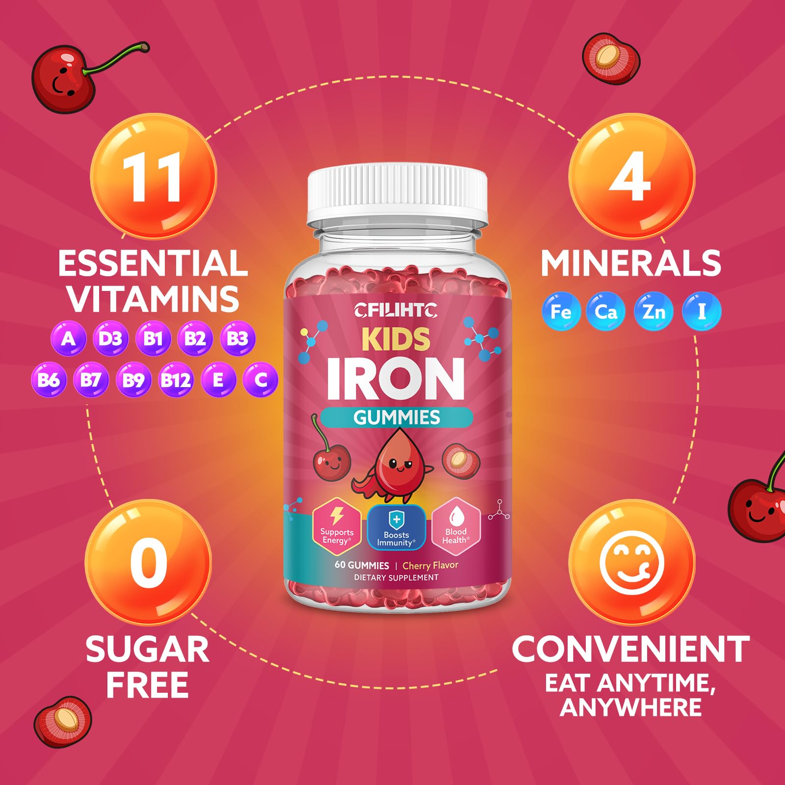 Iron Gummies for Kids & Teens, Kids Multivitamin with Iron Supplement, Calcium, Folate, Zinc, Prebiotic - for Blood Builder & Energy Support, Iron Deficiency - Vegan & Non-GMO - 60 Count Cherry CFILIHTC Au supplements