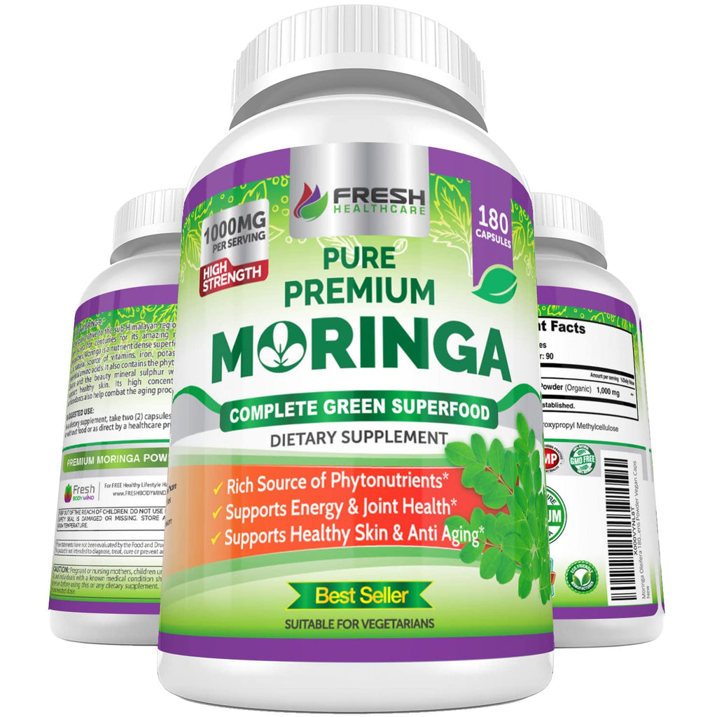 FRESH HEALTHCARE Moringa Capsules – 100% Pure Leaf Powder - 180 Pills, Non-GMO - 3 Month Supply - Complete Green Superfood for Energy