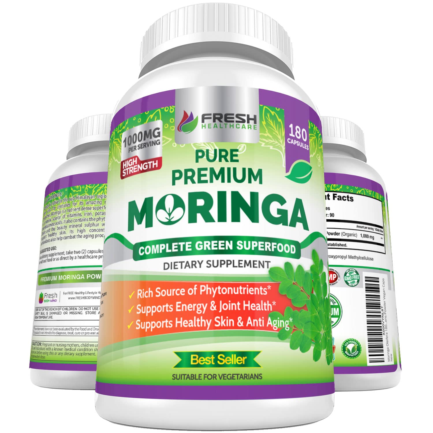 FRESH HEALTHCARE Moringa Capsules – 100% Pure Leaf Powder - 180 Pills, Non-GMO - 3 Month Supply - Complete Green Superfood for Energy