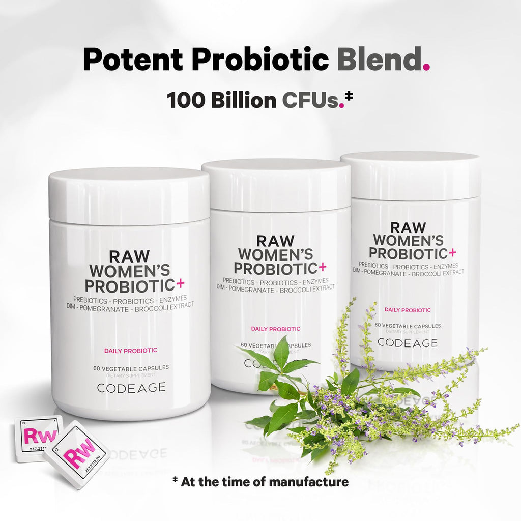 Codeage Raw Women’s Probiotic+ Supplement - 34 Probiotic Strains, 100 Billion CFUs, Digestive Enzymes, Prebiotic Blend, DIM, Herbal Extracts, Phytonutrients - Non-GMO - 30 Capsules Codeage Au supplements