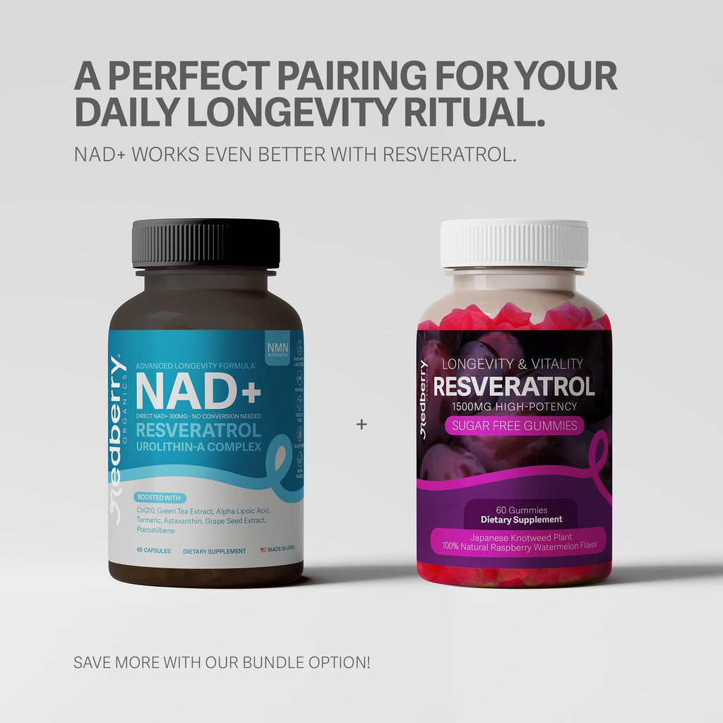 NAD Supplement with Direct NAD+ 300mg (NAD Plus) | Advanced Longevity Complex with Urolithin A & Resveratrol | NMN Alternative | 60 Capsules | Non-GMO, Gluten Free | Made in USA Redberry Organics Au supplements