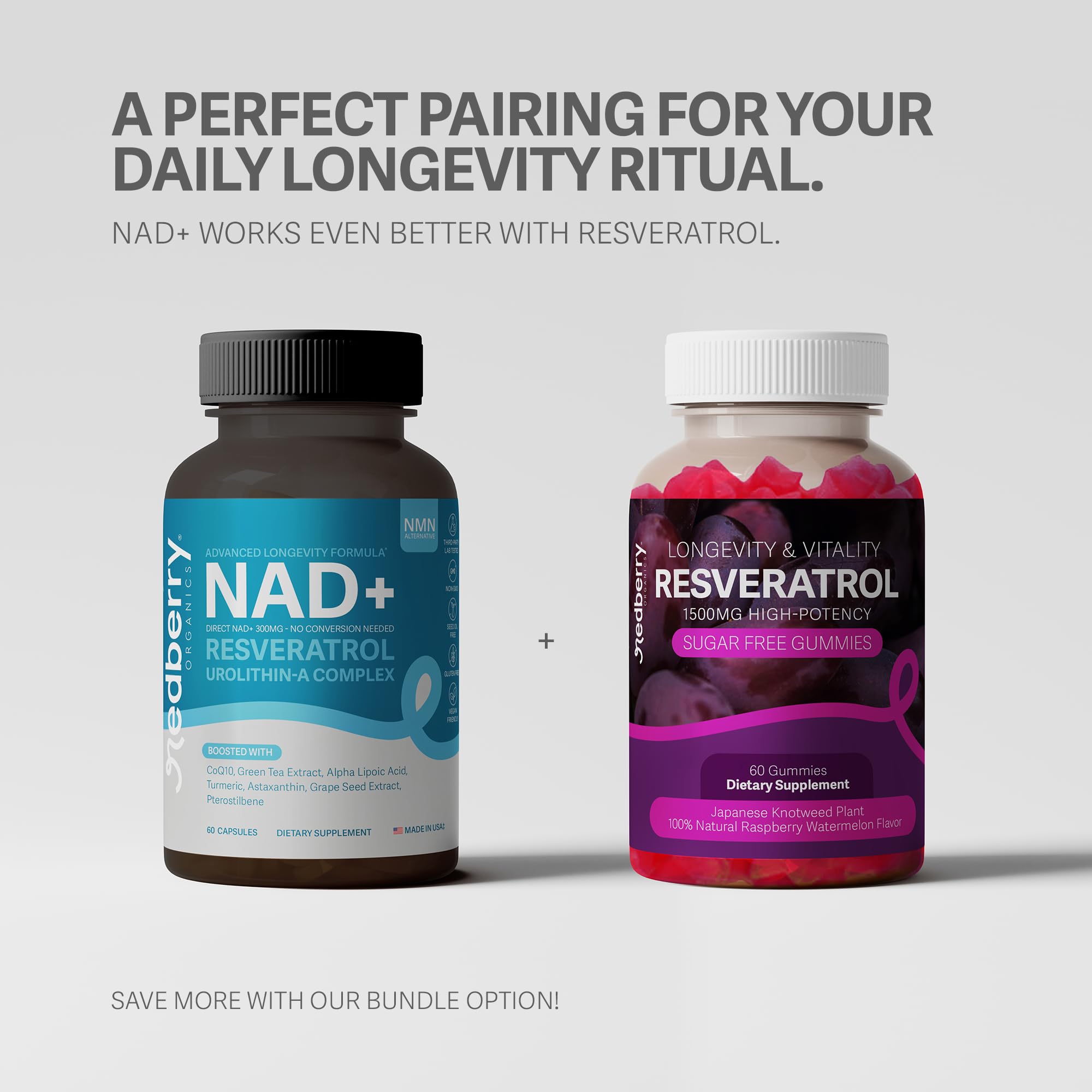 NAD Supplement with Direct NAD+ 300mg (NAD Plus) | Advanced Longevity Complex with Urolithin A & Resveratrol | NMN Alternative | 60 Capsules | Non-GMO, Gluten Free | Made in USA Redberry Organics Au supplements