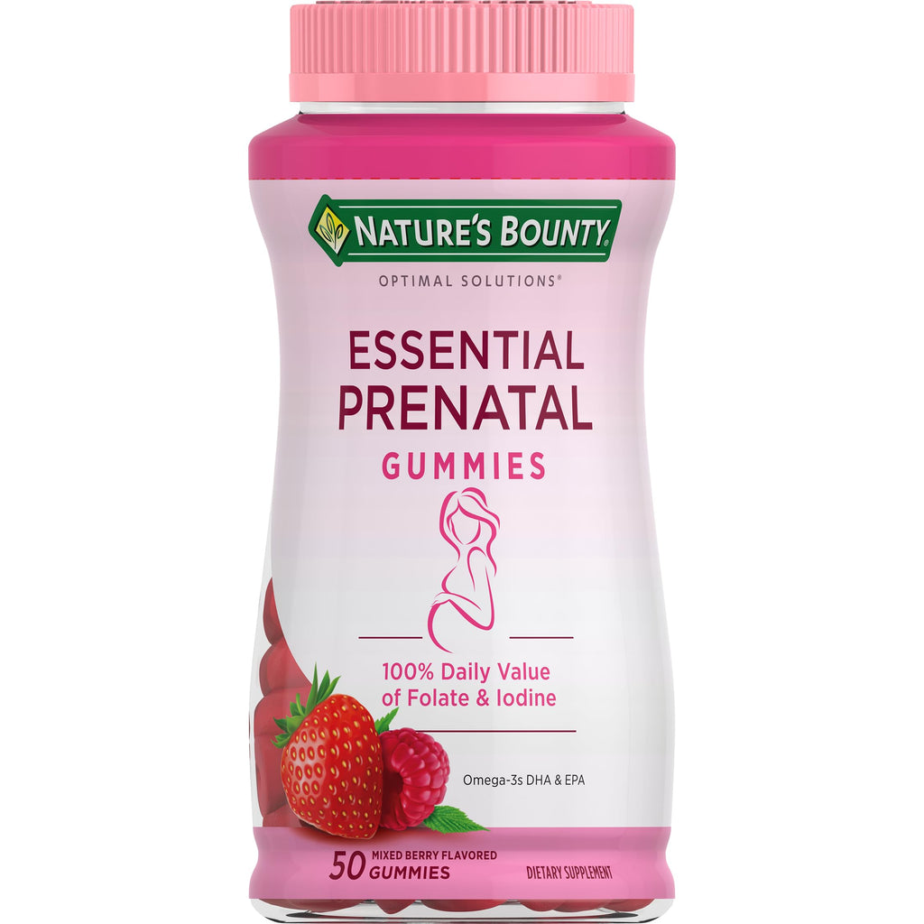 Nature's Bounty Optimal Solutions Essential Prenatal Gummies, Folic Acid and Iodine, Omega 3 and DHA, 50 Count