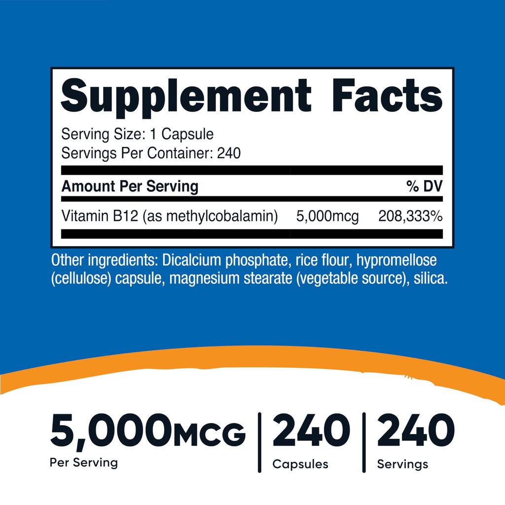 Nutricost Vitamin B12 (Methylcobalamin) 5000mcg, 240 Capsules - Vegetarian Caps, Non-GMO, Gluten Free B12 Supplement