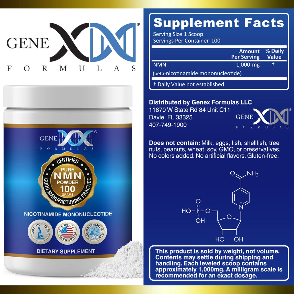 Genex Formulas Pure NMN Powder 100 Grams, Instant Dissolve, Shelf Stable, Non-Synthetic, PVP Free, Ultra-Low Density, 99.9% Pure NMN, Made in a US-Based, GMP, NSF & FSSC 22000 Certified Facility Genex Formulas Au supplements