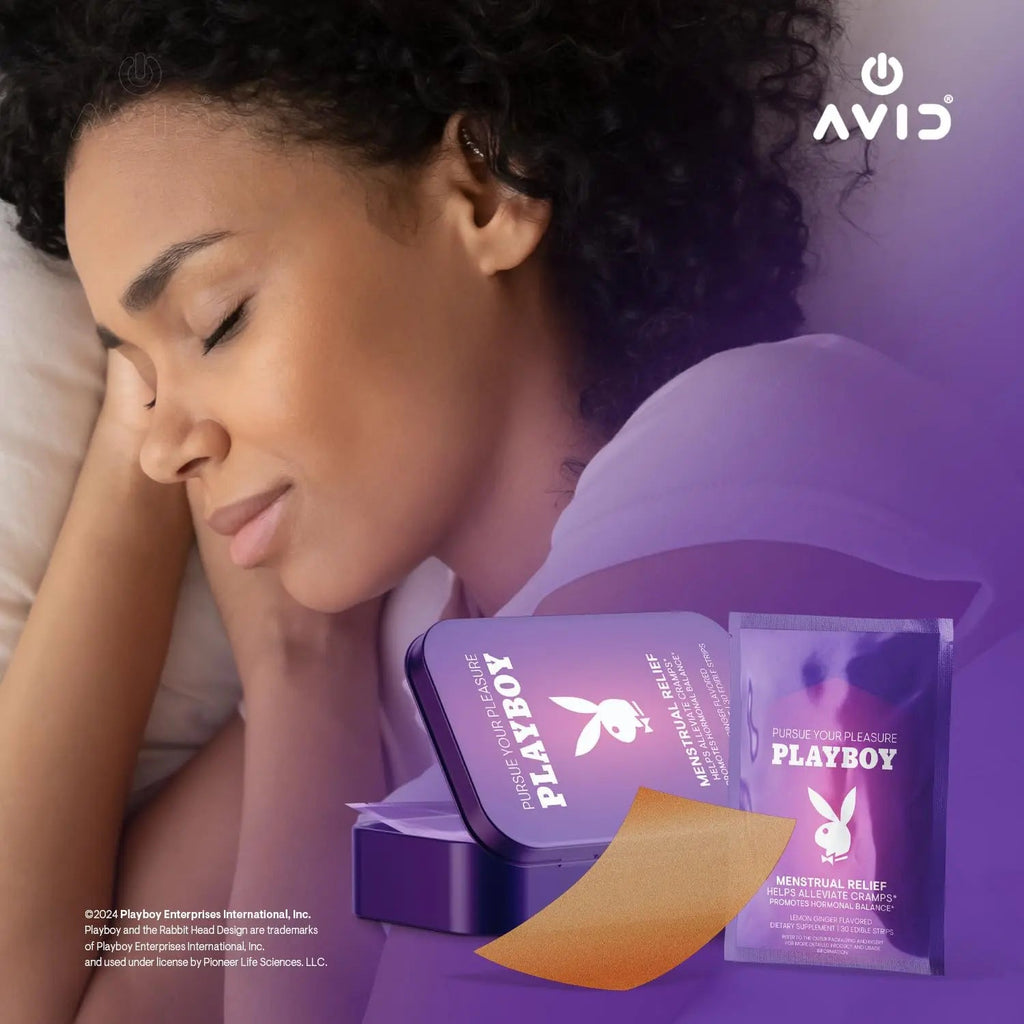 AVID Playboy - Menstrual Relief PMS Oral Strips (30 Edible Strips) Fast Dissolving PMS Cramp Relief & Hormonal Balance Strips for Women - Lemon Ginger Flavored Multi-Benefit PMS Supplement for Women Avid Au supplements