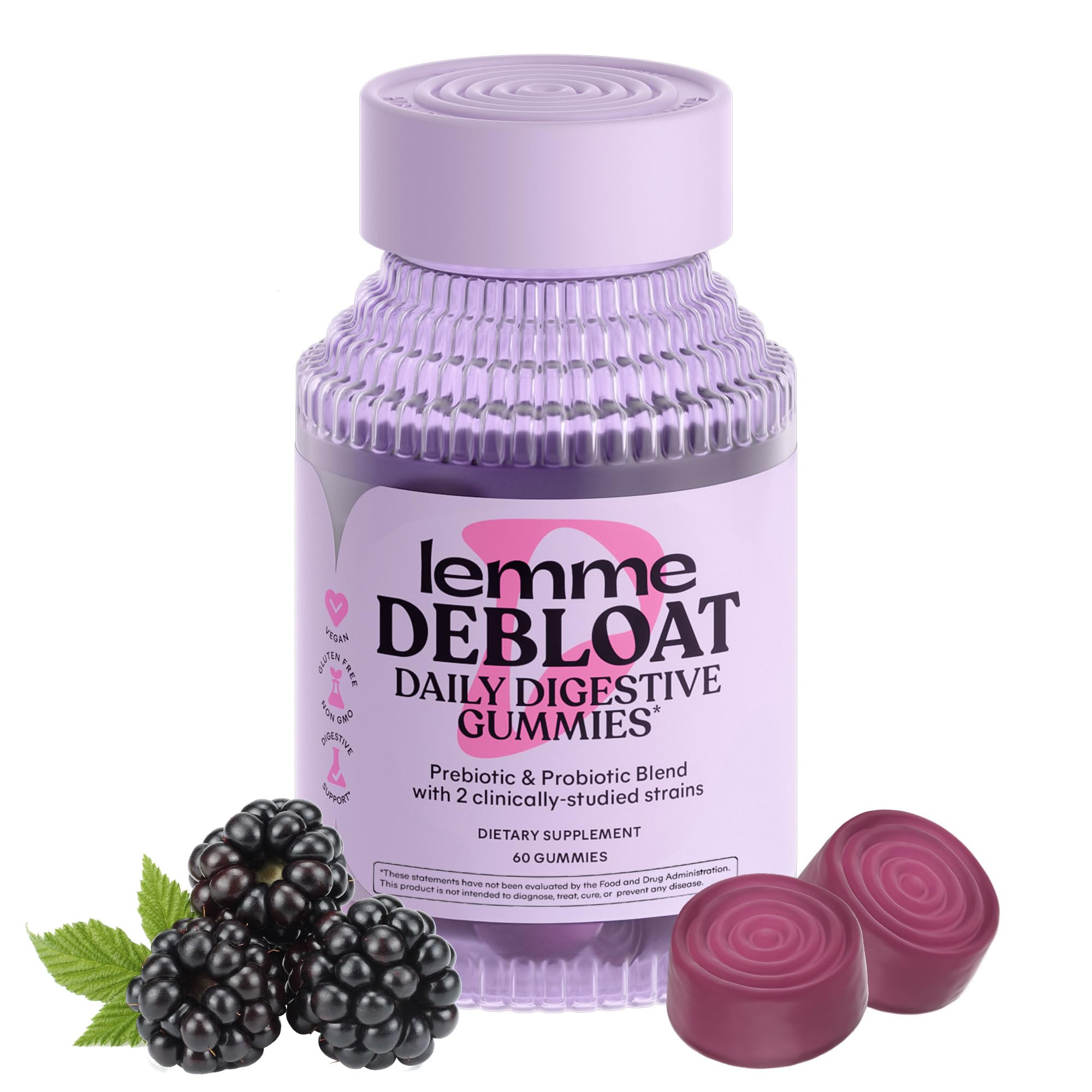 Lemme Debloat - Digestive & Gut Health Gummies with 2 Clinically Studied Probiotics & Prebiotic, Vegetarian, Gluten Free, Non GMO, BlackBerry Flavor (60 Count) Lemme Au supplements