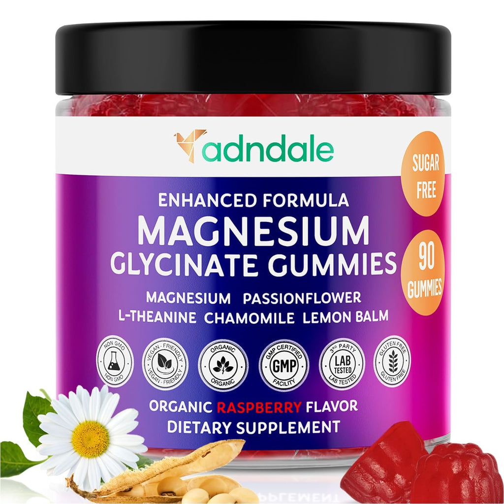 Adndale 90CT Magnesium Glycinate Gummies. Sugar Free Chews for Adults & Kids. Raspberry Flavour