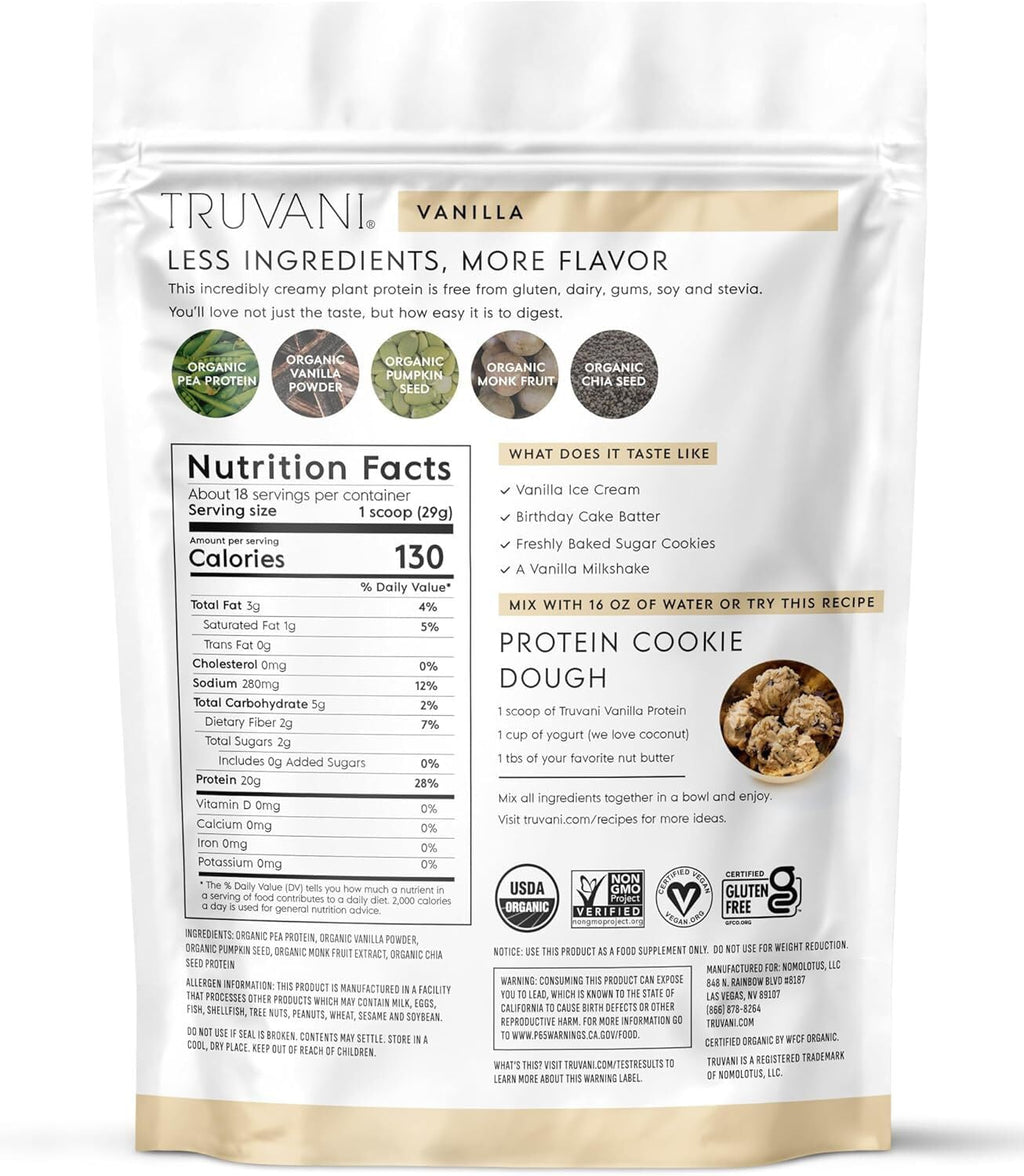 Truvani Organic Plant Based Protein Powder | Vanilla | 20g Pea Protein | 18 Servings | Vegan & Keto | Gluten & Dairy Free | Low Carb | No Added Sugar