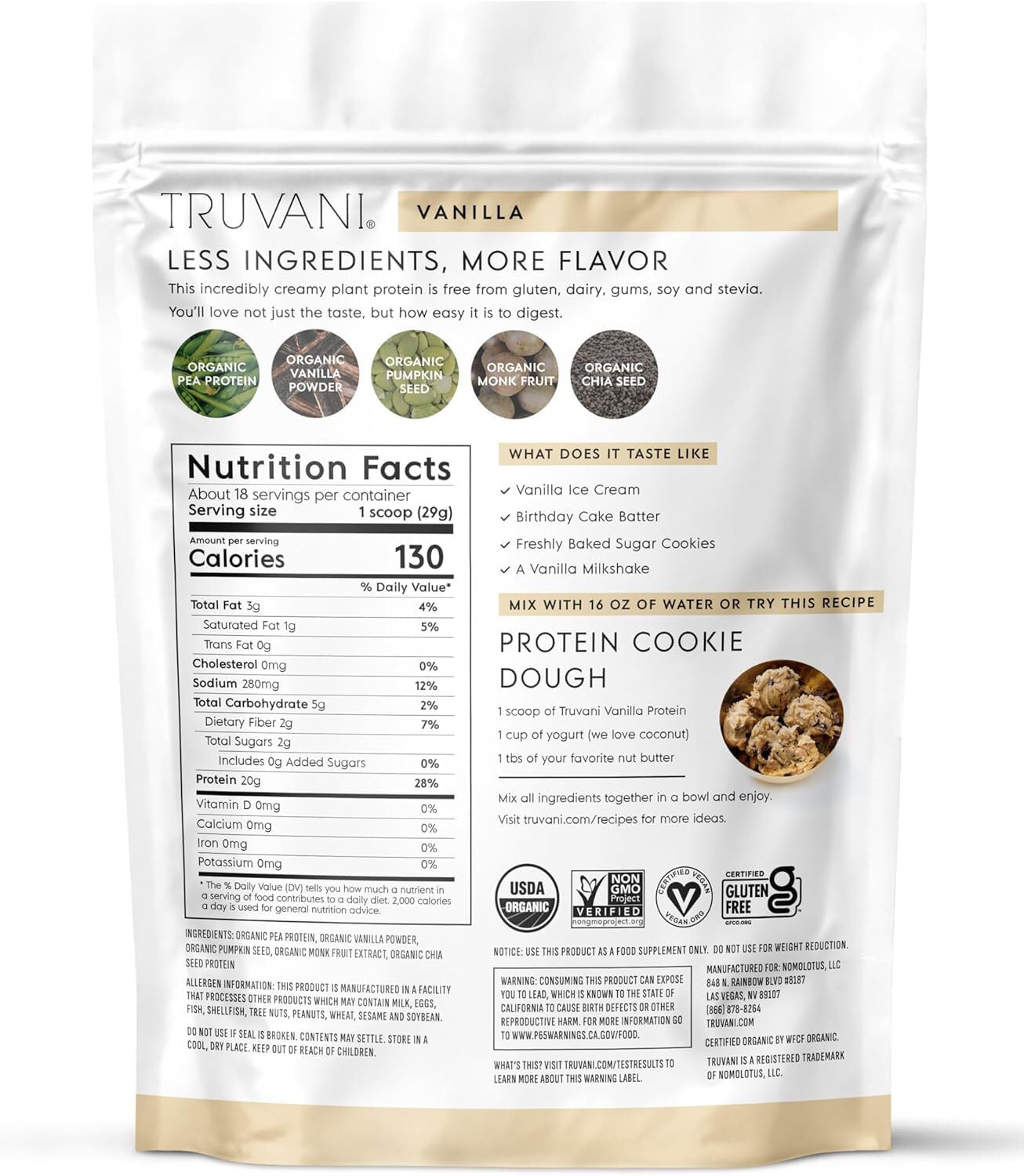 Truvani Organic Plant Based Protein Powder | Vanilla | 20g Pea Protein | 18 Servings | Vegan & Keto | Gluten & Dairy Free | Low Carb | No Added Sugar