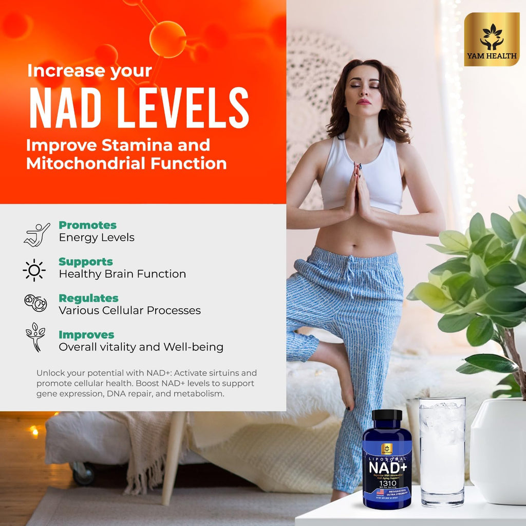 YAM Health Liposomal NAD Nicotinamide Riboside Equivalent with Trans-Resveratrol 300mg, Premium Halal NAD Supplement for Energy Metabolism, DNA Repair and Longevity, Vegan, Non-GMO (60 Count) YAM Health Au supplements