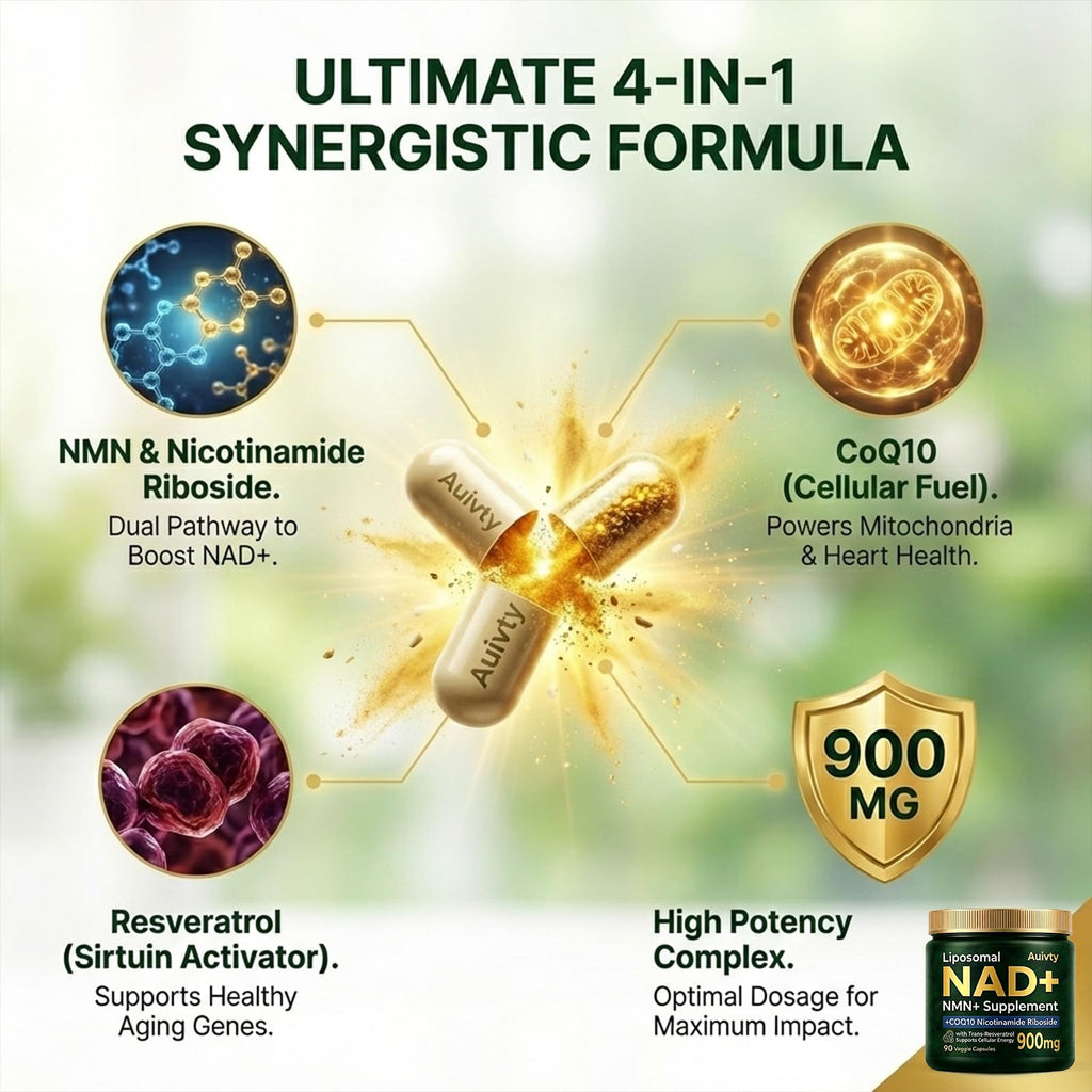 Auivty Liposomal NAD+ NMN Supplement with COQ10, Nicotinamide Riboside, Trans-Resveratrol, 900mg, 90 Veggie Capsules Auivty Au supplements