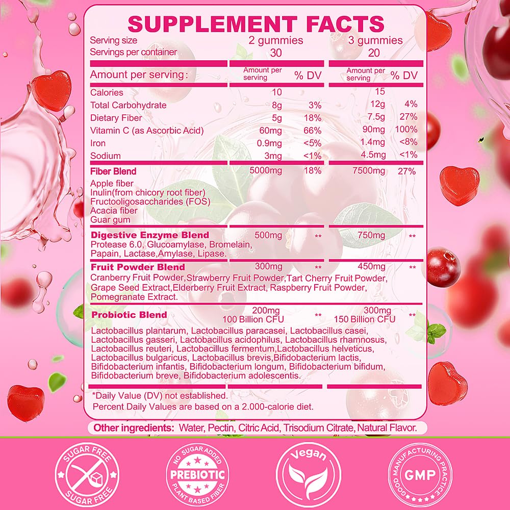 Fiber Gummies 7500mg, Probiotics & Digestive Enzymes, Sugar-Free, Vegan & Gluten-Free Supplement for Gut Health, Bloating Support & Regularity,