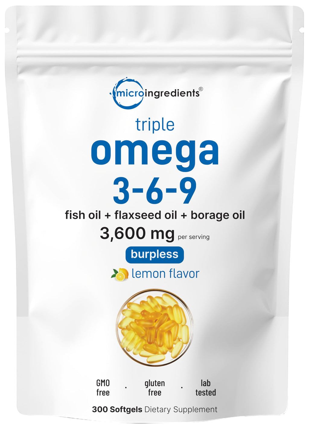 Ultra Omega 3-6-9 3600mg Per Serving, 300 Burpless Softgels | Lemon Flavor – Blend of Fish, Flaxseed, Borage Oils | Bioavailable Source
