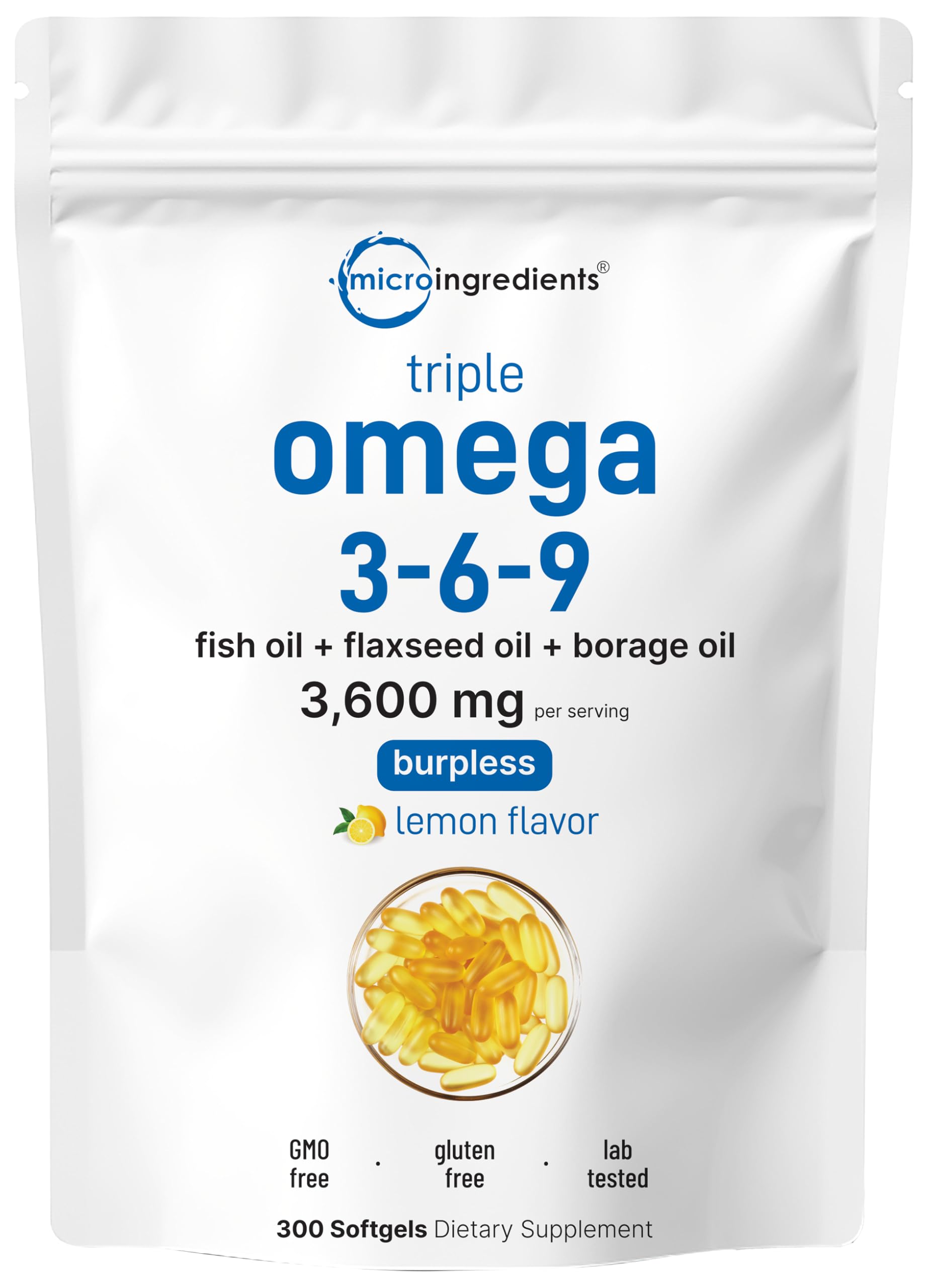 Ultra Omega 3-6-9 3600mg Per Serving, 300 Burpless Softgels | Lemon Flavor – Blend of Fish, Flaxseed, Borage Oils | Bioavailable Source