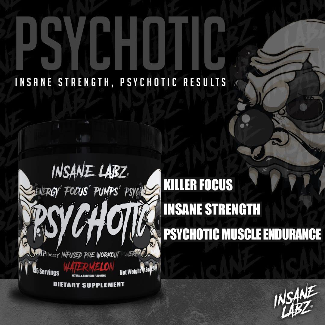 Insane Labz Psychotic Black Edition Mid Stimulant Pre Workout Powder, Energy Focus Pumps, Loaded with Creatine Beta Alanine Taurine Fueled by AMPiberry, 35 Servings (Blue Raspberry)