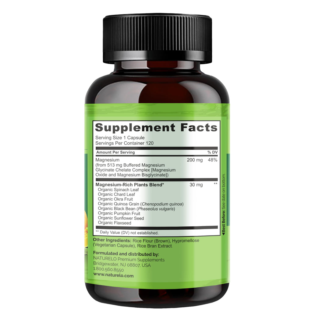 NATURELO Magnesium Glycinate Chelate Complex - 200 mg Magnesium with Organic Vegetables to Support Sleep, Calm, Muscle Cramp & Stress Relief - Gluten Free, Non GMO - 120 Capsules NATURELO Au supplements