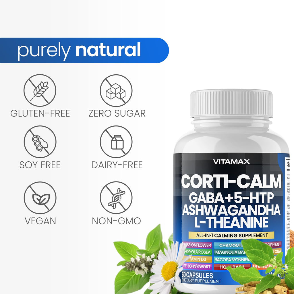 Corti-Calm Cortisol Supplement, L Theanine, Ashwagandha, Vitamin D 3, GABA for Relaxation, Fatigue & Focus with Ginkgo Biloba, Bacopa Monnieri, 5-HTP – Non-GMO, Made in USA – 60ct Vitamax Au supplements