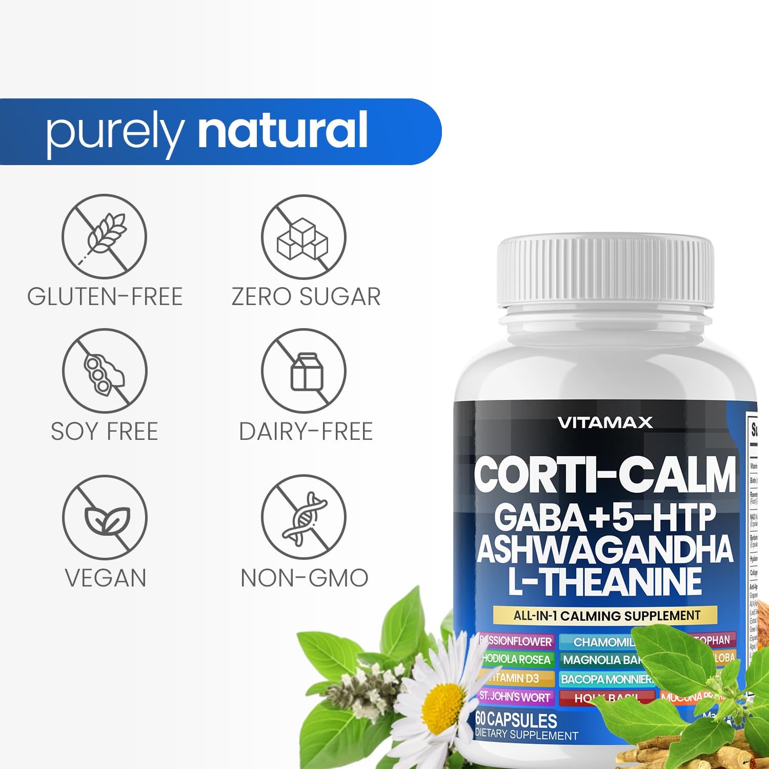 Corti-Calm Cortisol Supplement, L Theanine, Ashwagandha, Vitamin D 3, GABA for Relaxation, Fatigue & Focus with Ginkgo Biloba, Bacopa Monnieri, 5-HTP – Non-GMO, Made in USA – 60ct Vitamax Au supplements