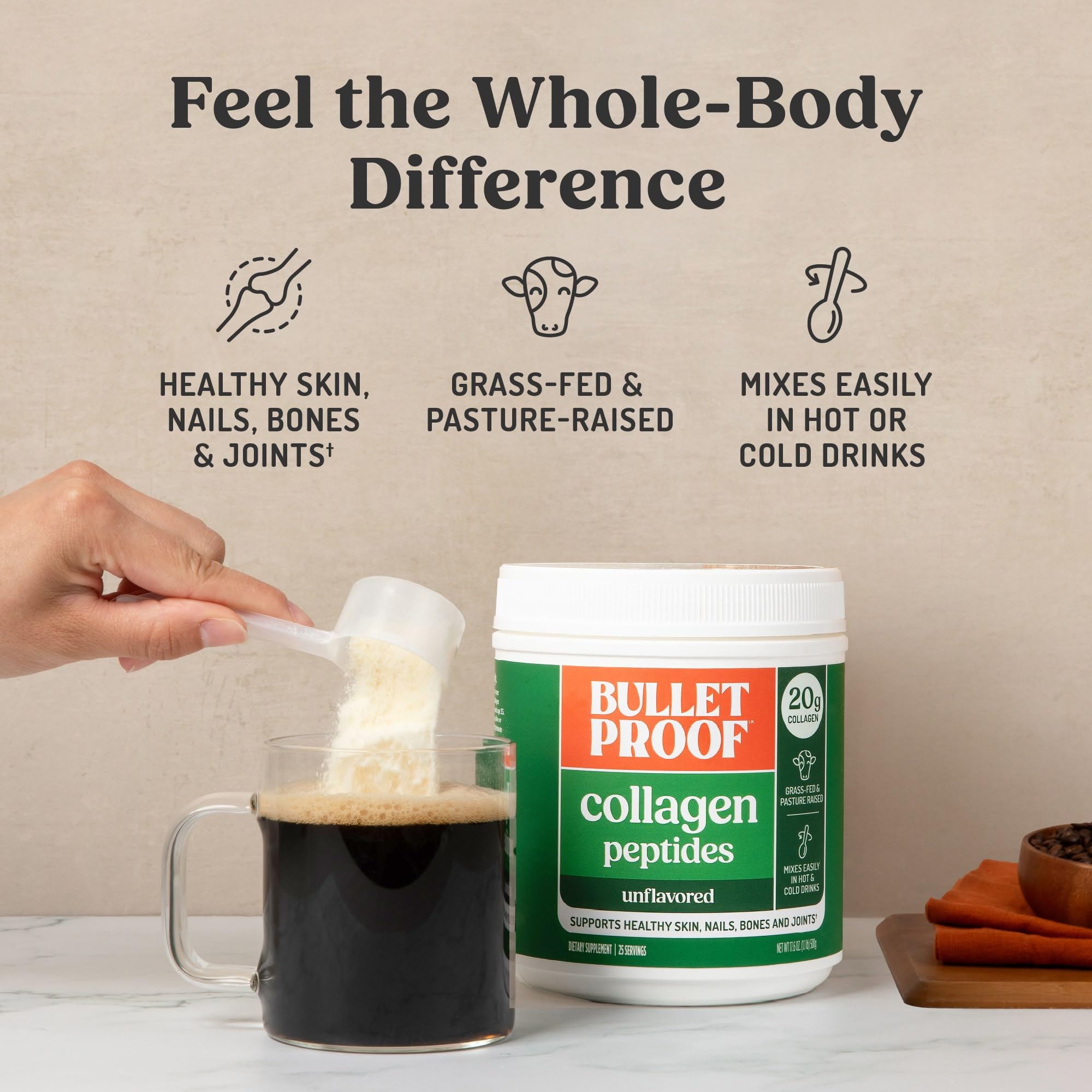 Bulletproof Unflavored Collagen Peptides Powder, 20g Grass-Fed Collagen Protein and Amino Acids for Skin