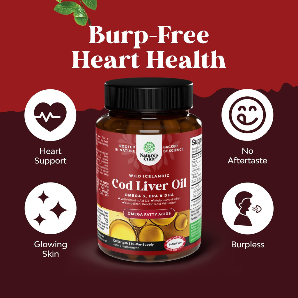 Icelandic Wild Caught Cod Liver Oil Softgels - Fish Omega 3, EPA, DHA, Vitamin D & A, 1000mg Per Serving - Burpless Capsules for Heart