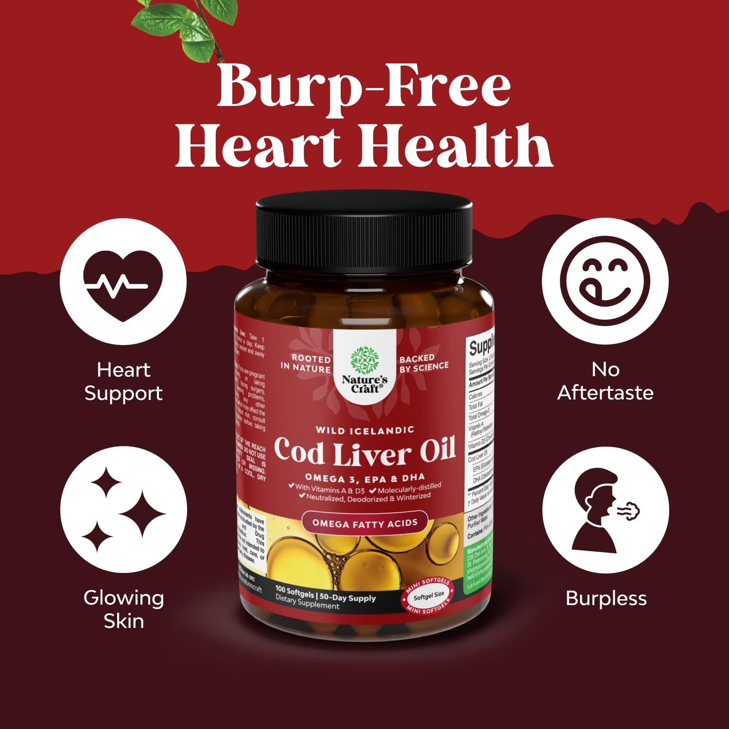 Icelandic Wild Caught Cod Liver Oil Softgels - Fish Omega 3, EPA, DHA, Vitamin D & A, 1000mg Per Serving - Burpless Capsules for Heart