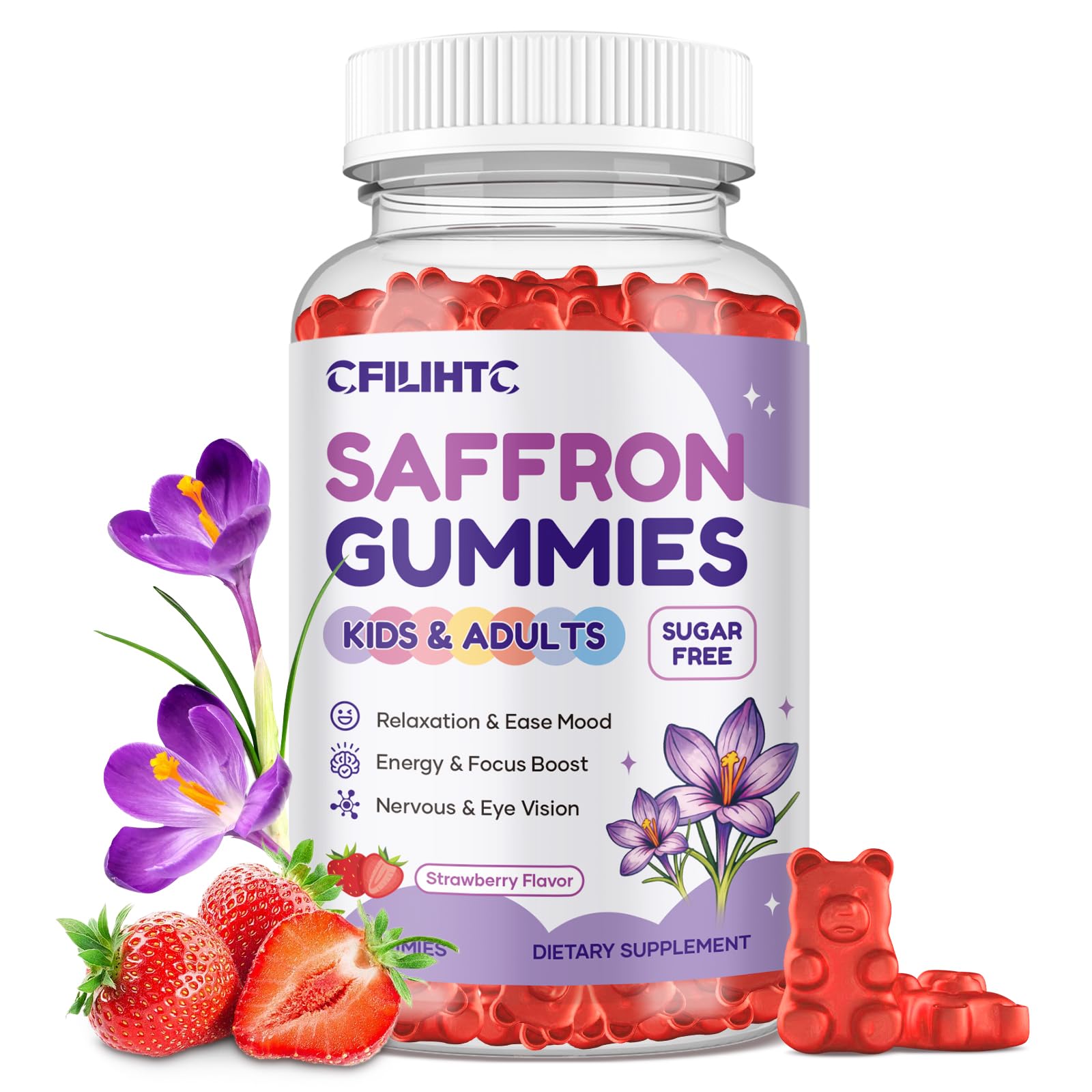 Saffron Gummies for Kids & Adults, 20-in-1 Saffron Supplements with 88.5mg Saffron Extract, B6, B12, C, D3, Magnesium for Calm, Focus, Nerve, Sugar Free, Vegan