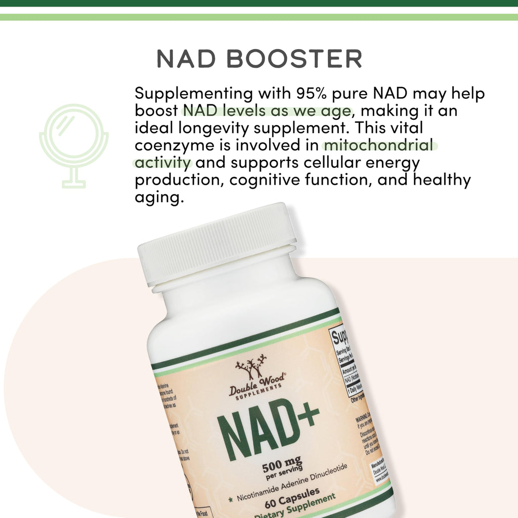 Double Wood Supplements NAD+ Anti Aging & Cell Regeneration | 500mg of 95% Pure NAD Plus Per Serving, 30 Day Supply | Similar to Nicotinamide Riboside