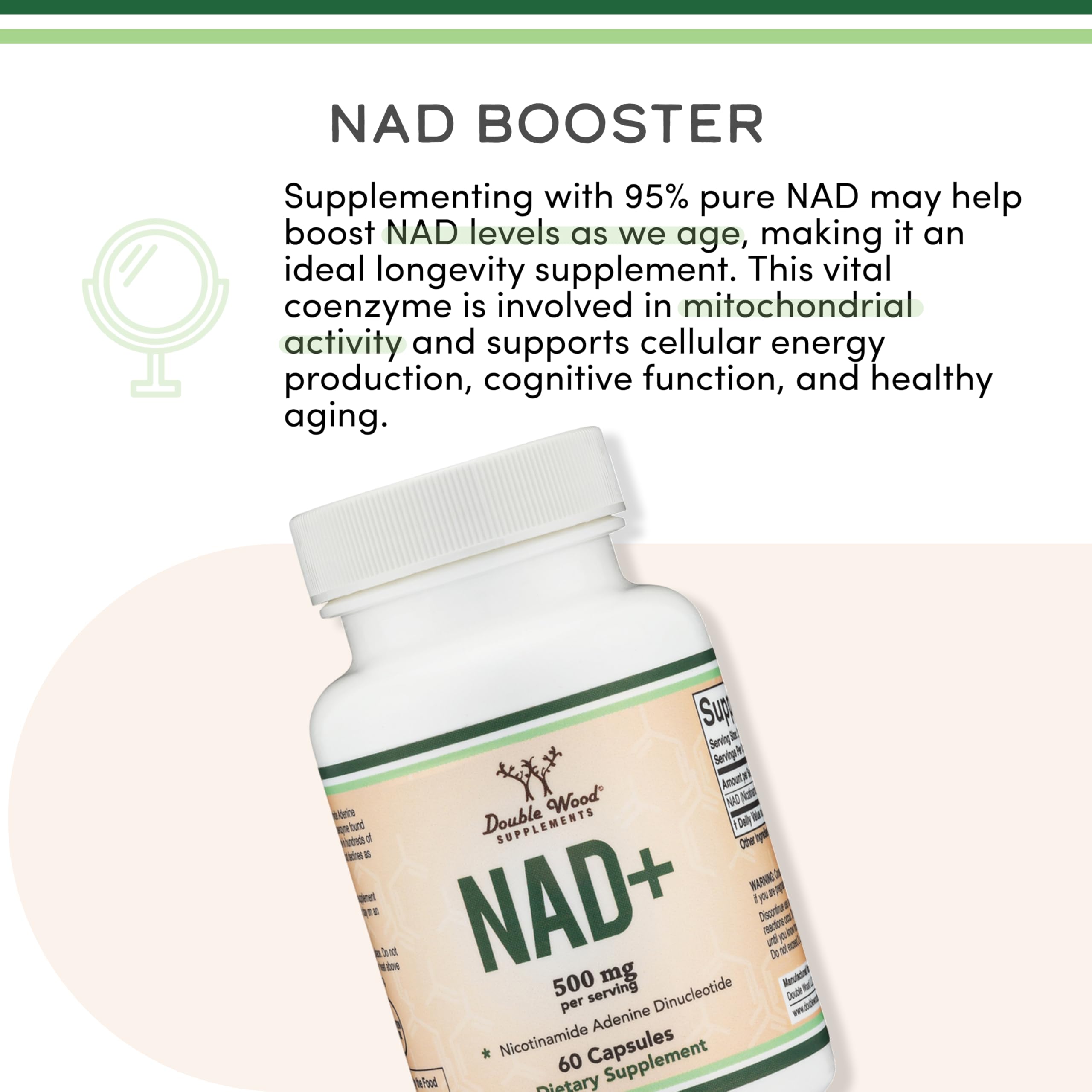 Double Wood Supplements NAD+ Anti Aging & Cell Regeneration | 500mg of 95% Pure NAD Plus Per Serving, 30 Day Supply | Similar to Nicotinamide Riboside