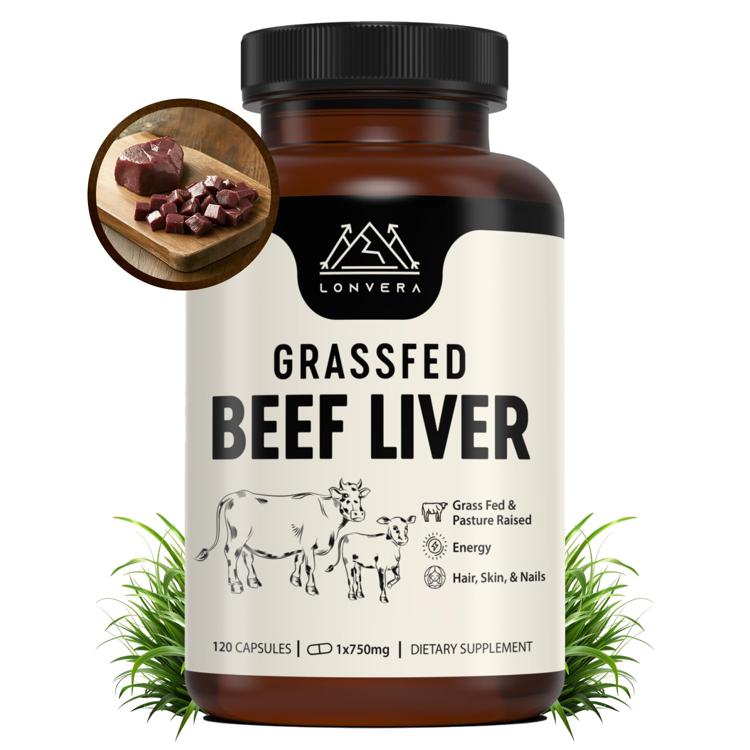 Lonvera Grass Fed Beef Liver Capsules for Women and Men – 3000mg Freeze Dried Desiccated Organs – Nutrient Source for Joints, Bones, Hair, Skin