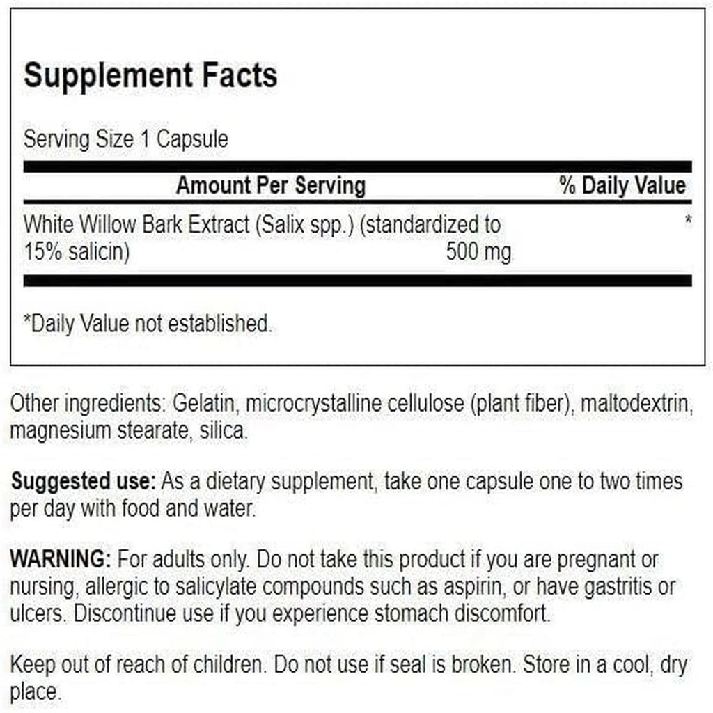 Swanson White Willow Bark Extract - Promotes Joint Support and Muscle Relief - Standardized to 15% Salicin - Natural Supplement with No Stomach Irritation - (120 Capsules, 500mg Each) Swanson Au supplements