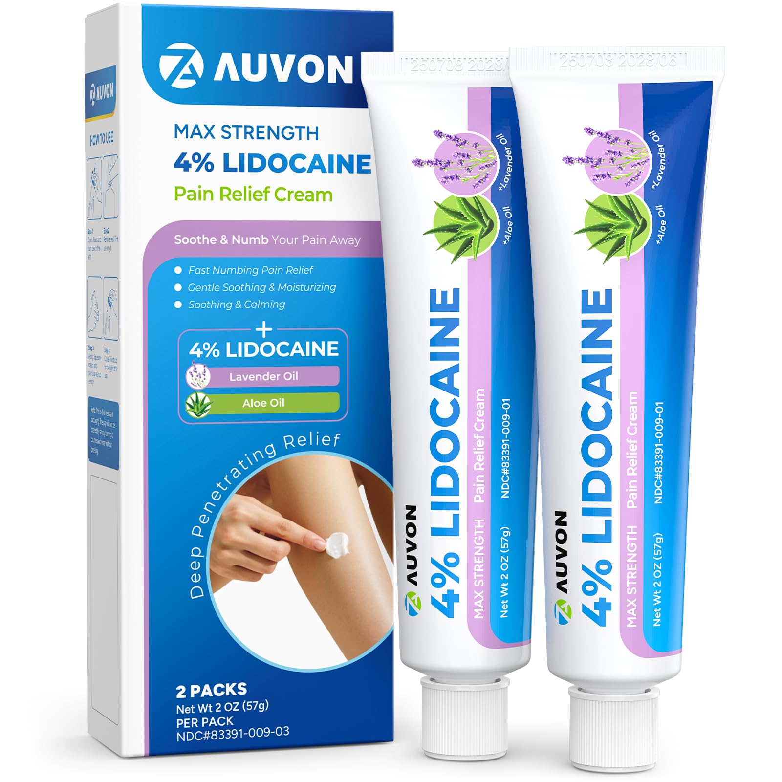 AUVON Max Strength Lidocaine Pain Relief Cream with Lavender & Aloe Vera, Numbing Cream for Minor Arthritis Pain, Soothing Muscle for Neck, Shoulder, Hip, Knee, Joint and Back Pain, 2 Oz, 2 Packs AUVON Au supplements