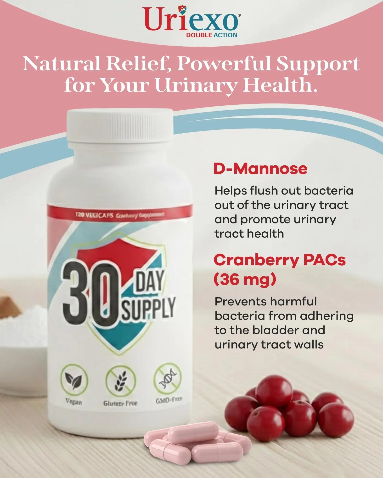 Uriexo Double Action Support Cranberry Pills - Urinary Tract Health Supplement with 36mg Proanthocyanidins PACs & 2000mg D-Mannose, Capsules for Men & Women, Non-Antibiotic Formula, 30 Day Supply Uriexo Au supplements